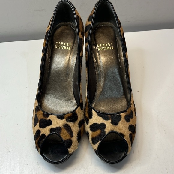 Stuart Weitzman Platform Leather Leopard Print Peep Toe Heels, size 7 - Picture 4 of 14
